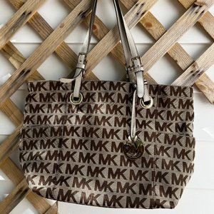 Michael Kors Beige/Brown Canvas and Leather Shoulder Pocket Bag